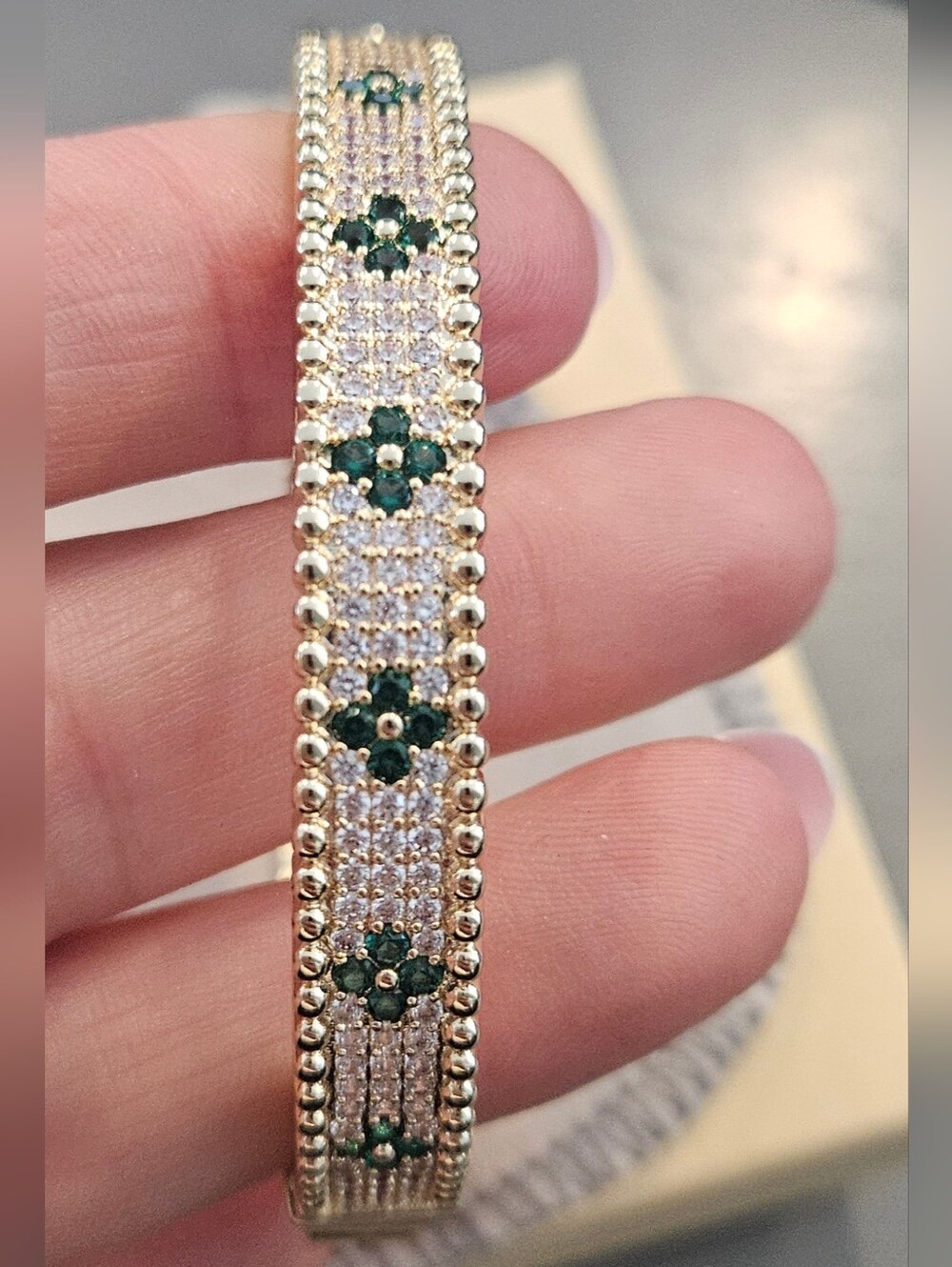 Gold-Tone Bracelet with Green Crystal Floral Accents NEW